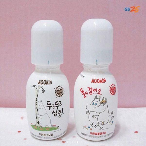 Moomin characters displayed on the tops of milk bottles from Korean GS25 convenience store