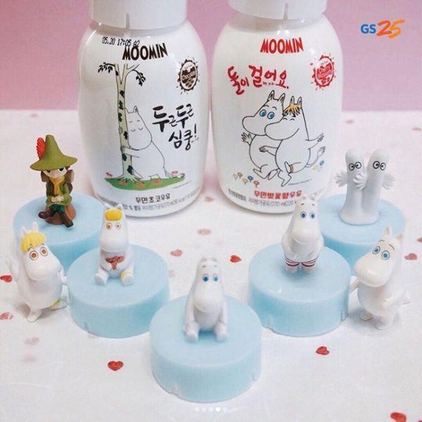 Moomin milk bottles with unique character-themed caps available exclusively at GS25 stores in Korea
