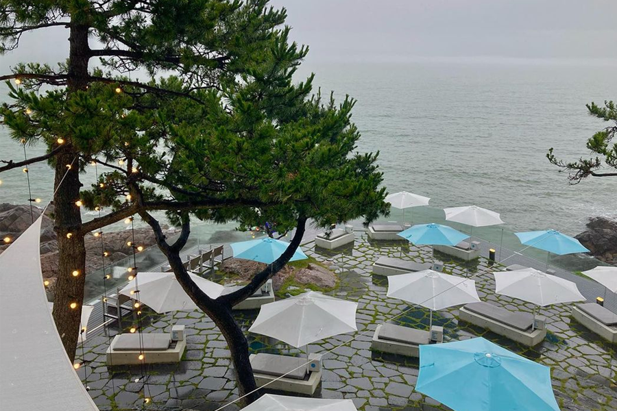 從餐廳望向海灘的視角，展示令人愜意的海濱風光。