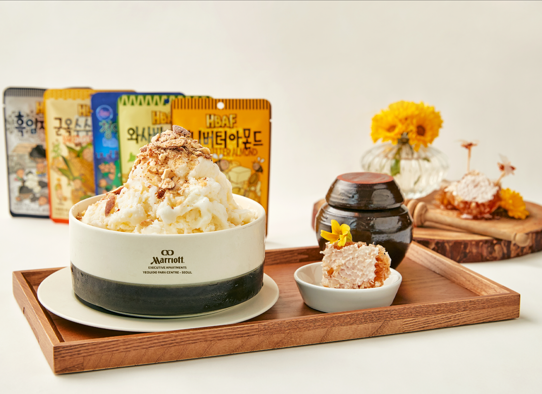 高档的蜂蜜红豆牛奶冰，展现传统与现代的完美结合，汝矣岛万怡酒店和本地品牌合作打造的冰品艺术。