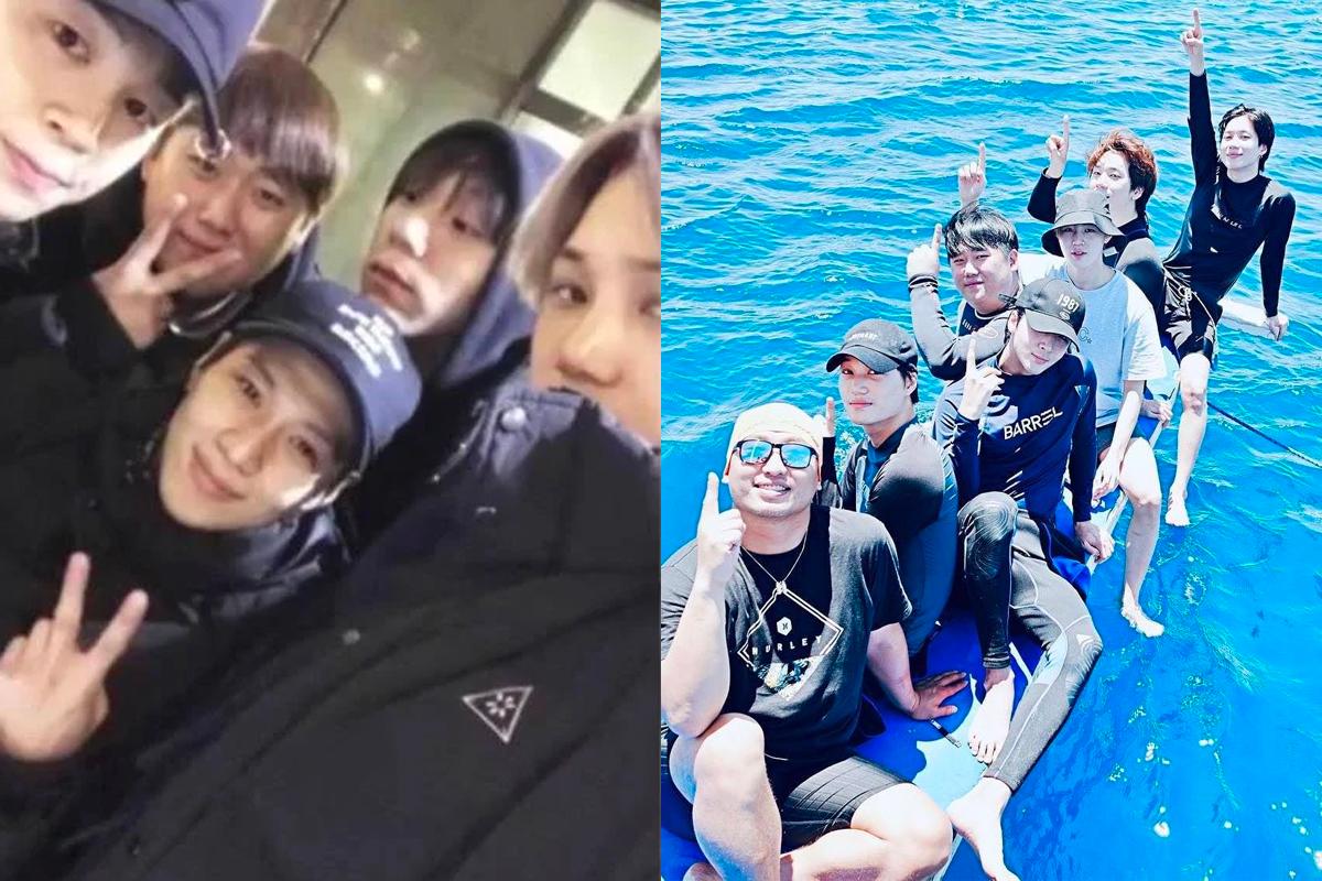 韓星好友成員們上半身合影,位於船隻甲板上,背景是清澈藍色的海面,日光明媚。