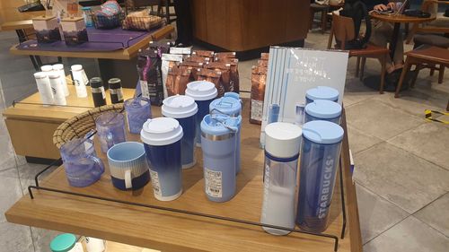 Display at a Starbucks coffeeshop in Seoul featuring various products