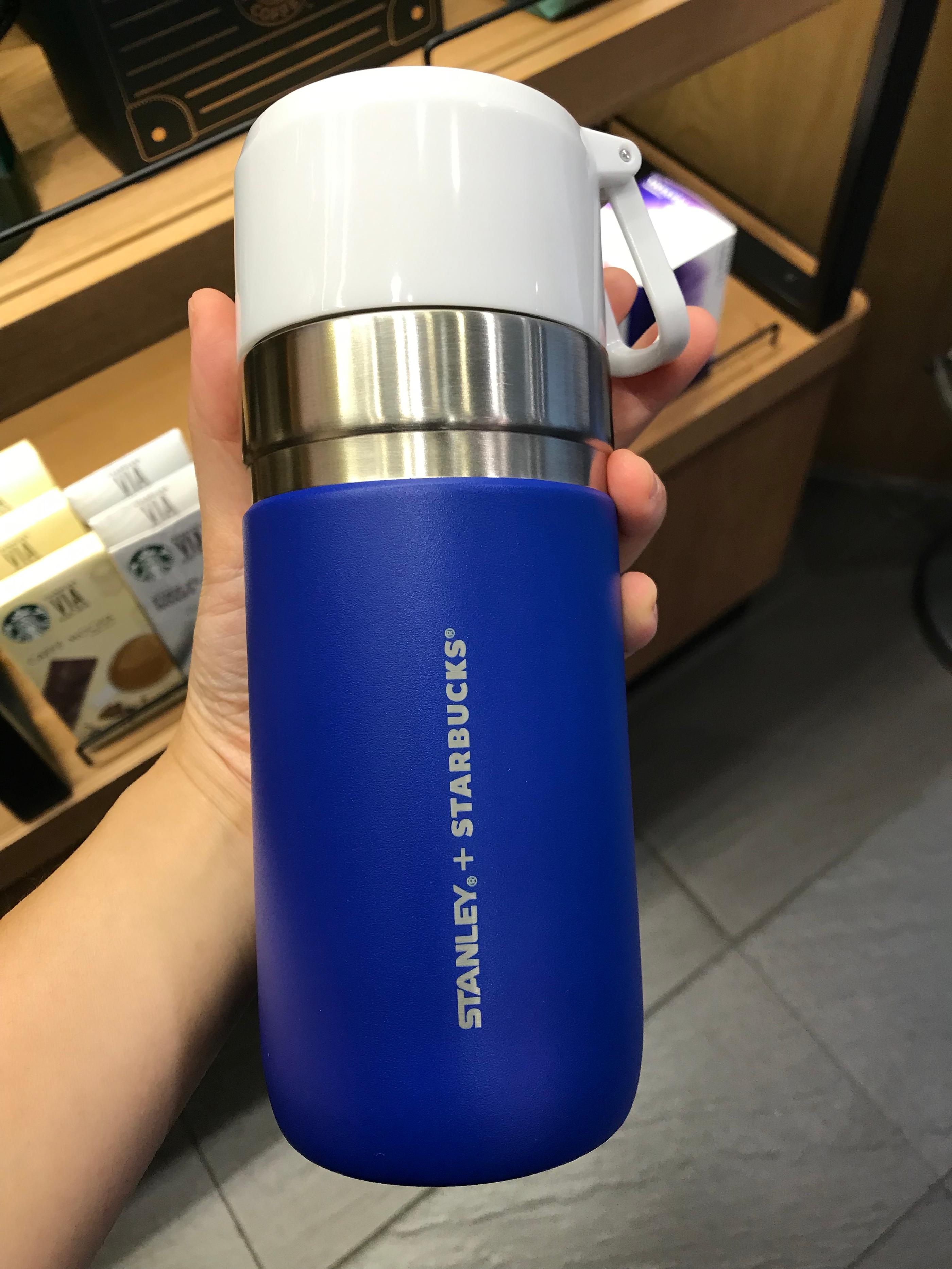 Starbucks Korea blue and white tumbler with metal detailing