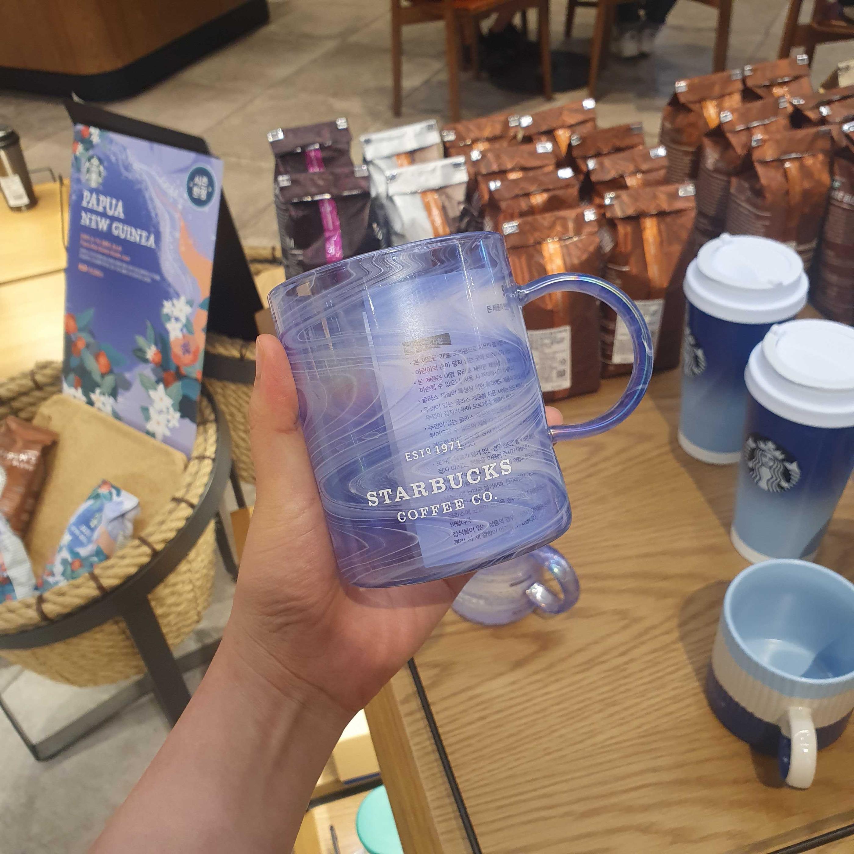Blue glass mug available for sale at Starbucks Korea