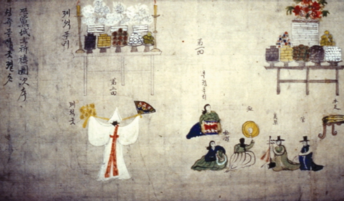 Old drawing of a Korean shaman, mudang, performing a rite
