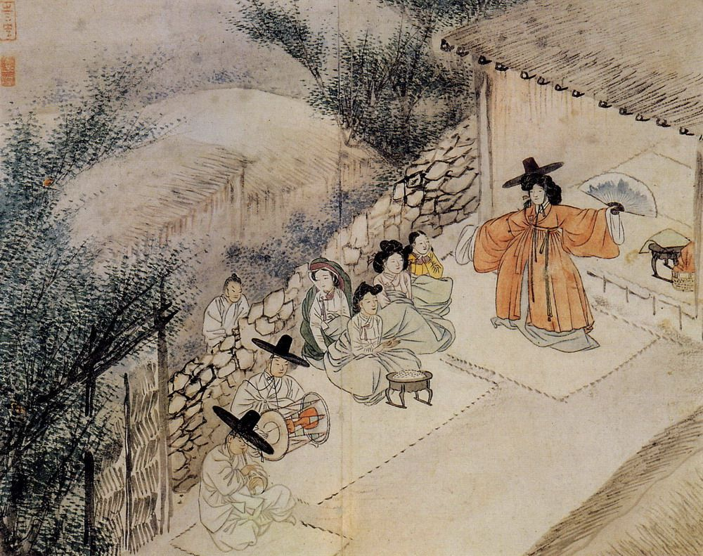 Old drawing of a Korean shaman, mudang, performing a rite