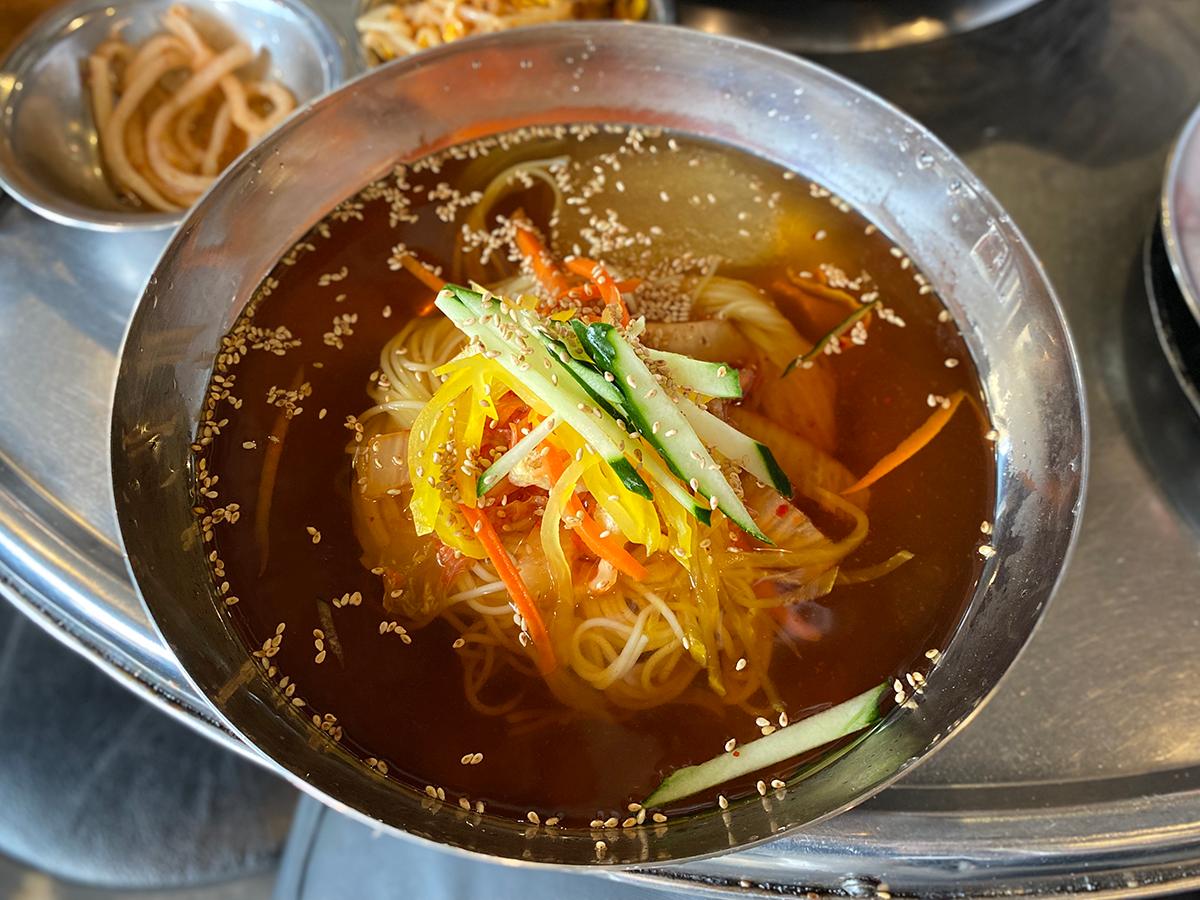 cold noodle soup served at a Korean barbecue restaurant in Busan