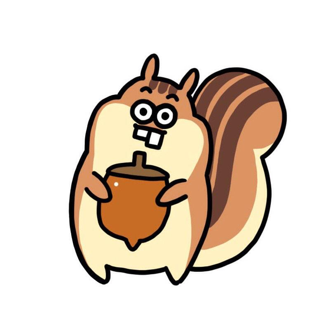 Gambar karakter chipmunk Jessoo Chipmunk dengan mata besar dan gigi asimetris sedang menggenggam acorn besar. Karakter ini menunjukkan ekspresi lucu dan unik yang membuatnya menawan.