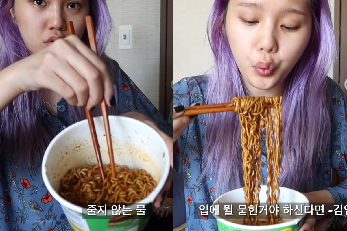 Mimi of Oh My Girl eating spicy jjajang