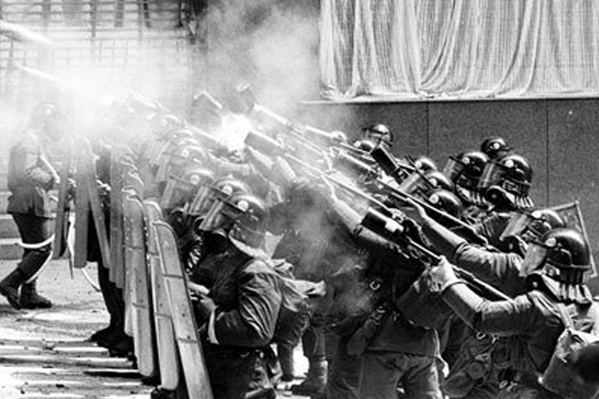 korea during dictatorship, guns shooting, fight, police, black and white