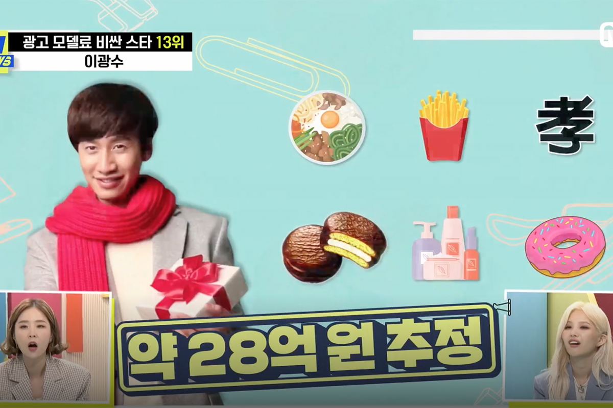 李光洙在廣告中拿着禮物盒，用笑容宣傳各種食品產品的場景。