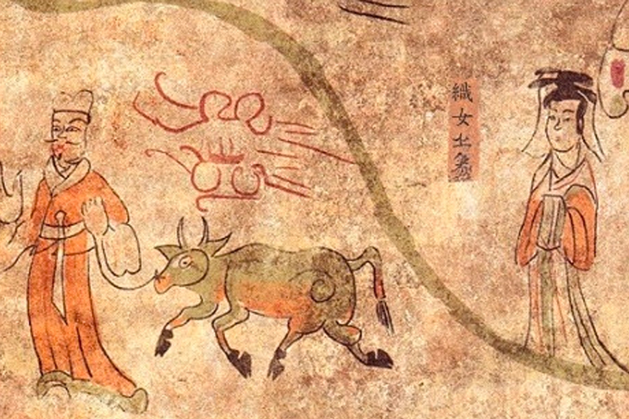 高句丽德兴里古墓壁画，表现场景来自牛郎织女的传说，展示历史与文化艺术。