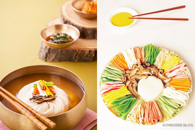 传统韩国七夕食物，馆子面与蔬菜拼盘，体现传统饮食文化中的节庆菜单。