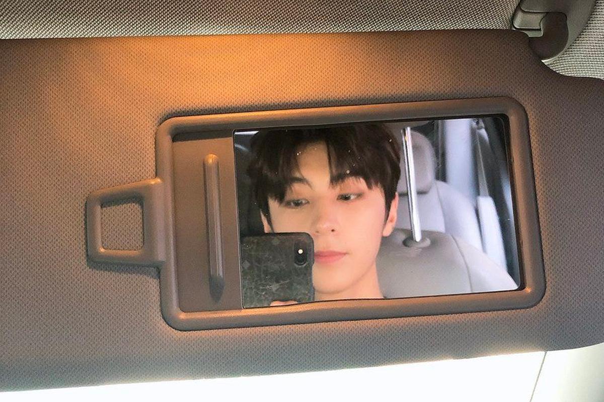 一位男子在汽車的遮陽板鏡子中自拍，背景顯示車內裝飾。