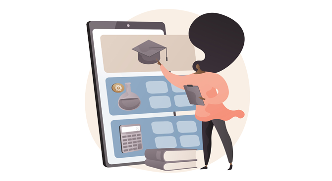 女性使用平板电脑进行课程申请的插图，象征数字化选课的便捷性和使用电子设备的现状。