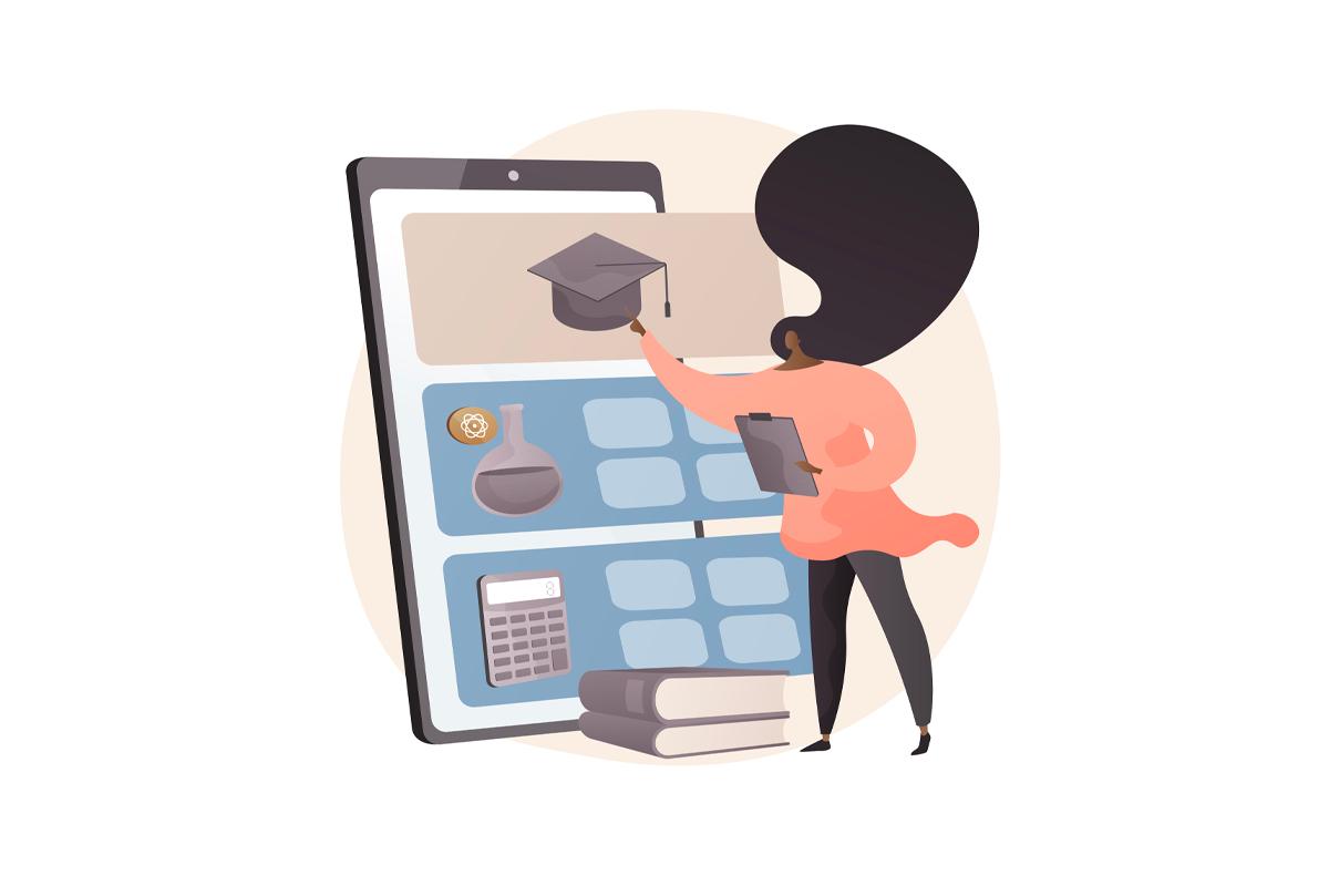 動畫繪製的角色在智能設備上選擇課程，象徵韓國大學的自動申請系統。