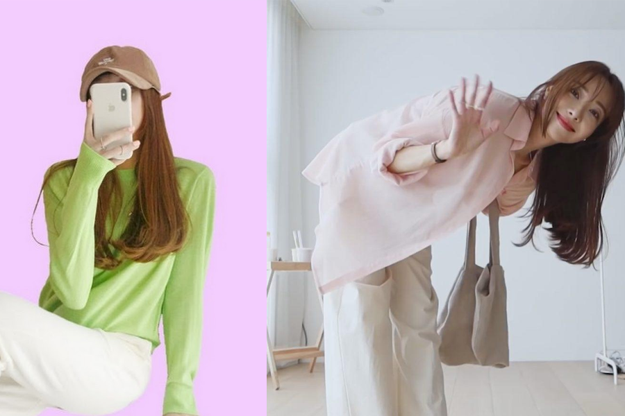 时尚达人소신사장展示双色服装组合，米色与蓝色的柔和对比，展现知性时尚风格，搭配了休闲风格的装扮。