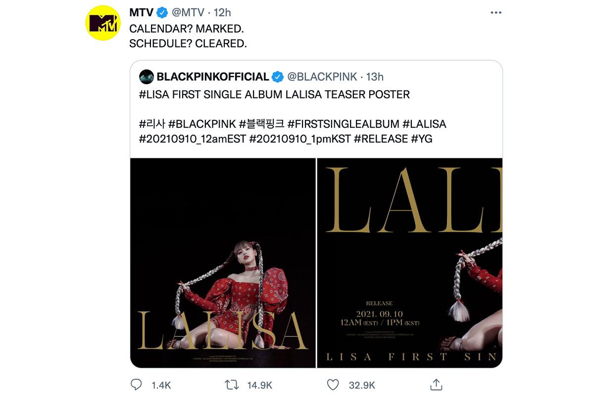 โพสต์ Twitter ของ MTV แสดงความยินดีกับการเปิดตัวอัลบั้มเดี่ยวของลิซ่า BLACKPINK พร้อมติดแฮชแท็ก #LALISA #BLACKPINK