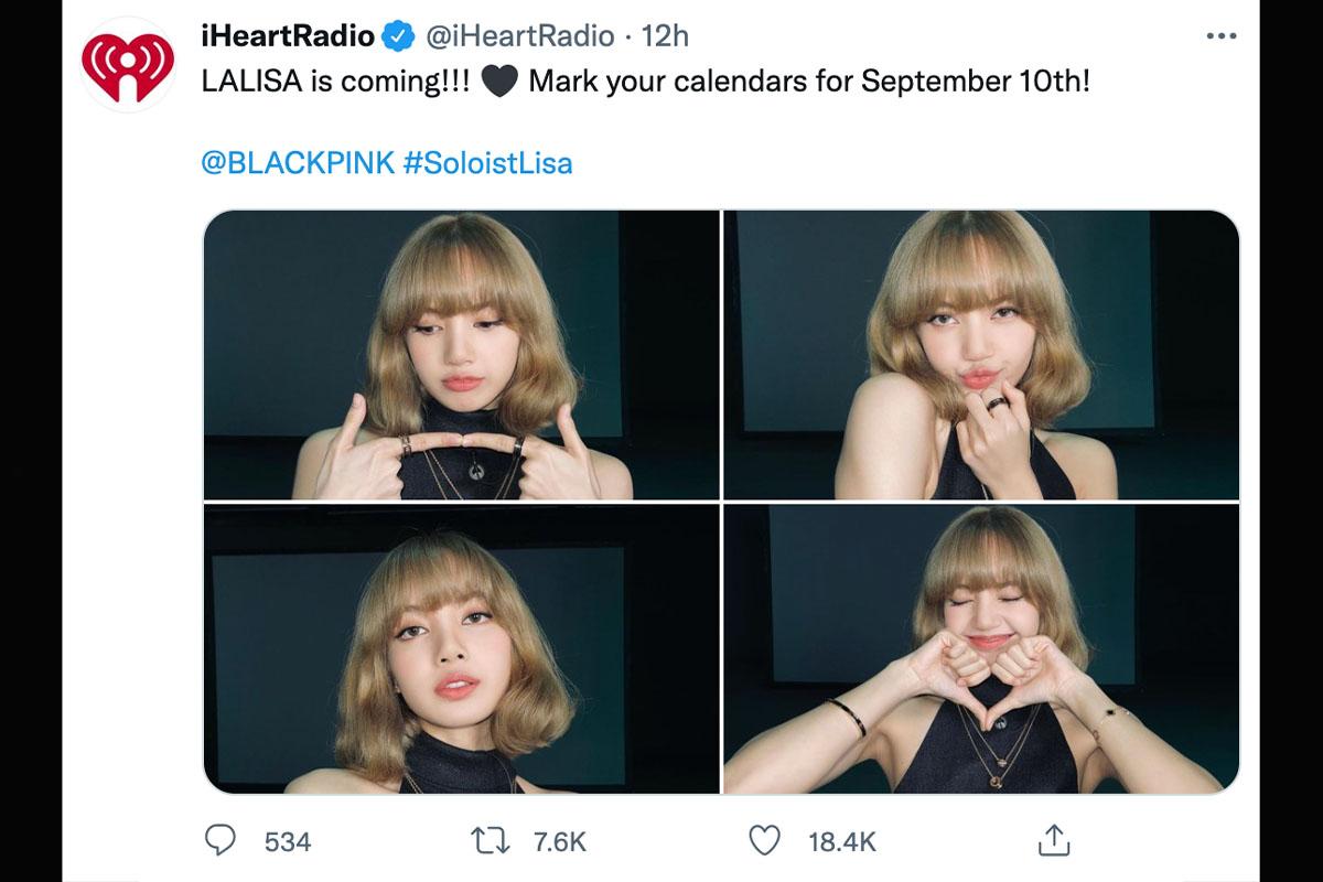 โพสต์ Twitter โดย iHeart Radio แสดงความยินดีกับอัลบั้มเดี่ยวของลิซ่า BLACKPINK พร้อมบอกให้แฟนๆ ติดวันที่ 10 กันยายนในปฏิทิน