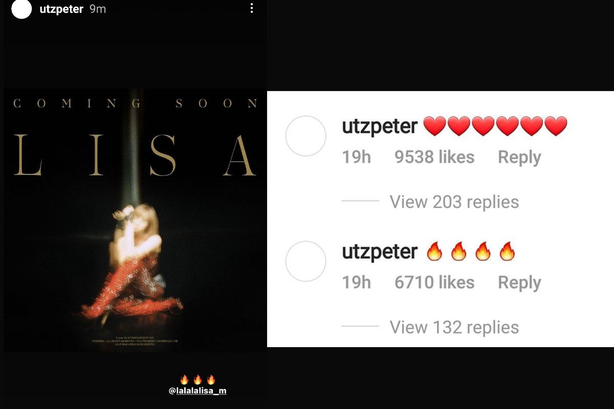 Instagram Story จาก Peter Utz ของ CELINE แสดงความยินดีกับการเปิดตัวอัลบั้มเดี่ยวของลิซ่า BLACKPINK พร้อมคอมเมนต์หัวใจและไฟจากโพสต์