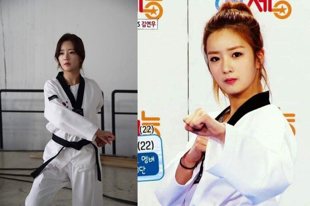 Vận động viên Taekwondo trong trang phục thi đấu, chuẩn bị thực hiện kỹ thuật biểu diễn.