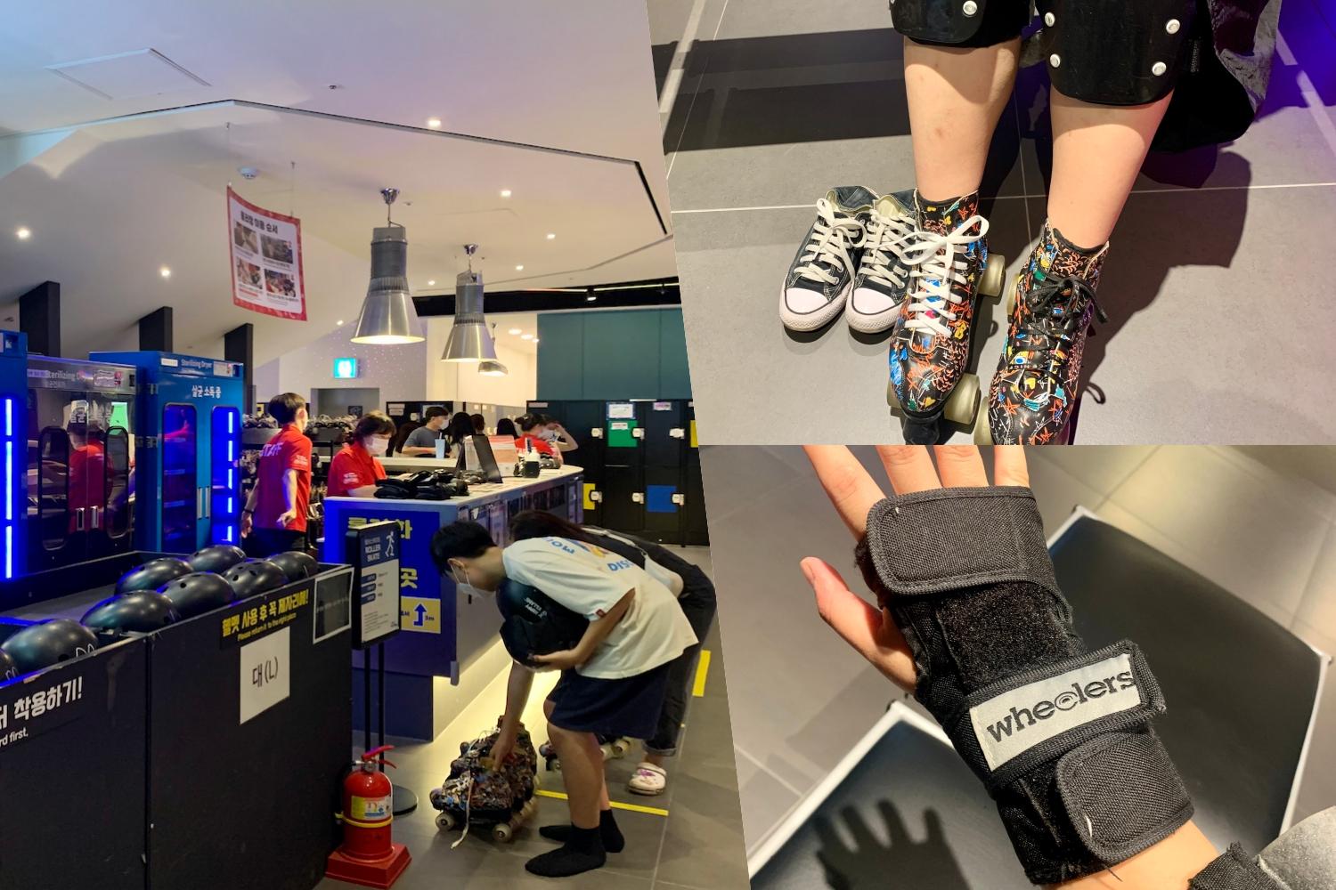 Getting safety gear and roller skates at the roller rink at Taewang