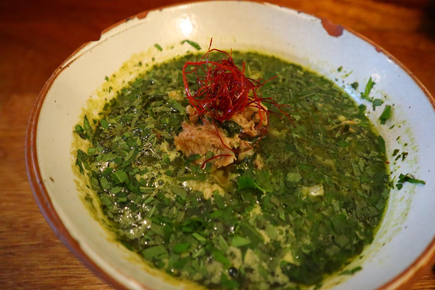 Bowl of Beef Brisket Perilla Leaf Noodles at Donga