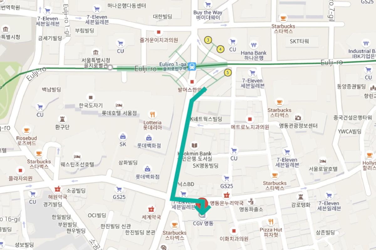 Map from Euljiro 1-ga to Noon Square