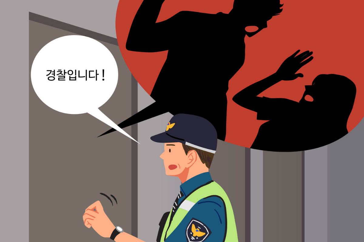 Cảnh phim Hospital Playlist với một người đang báo cáo cảnh sát về vụ bạo lực gia đình.