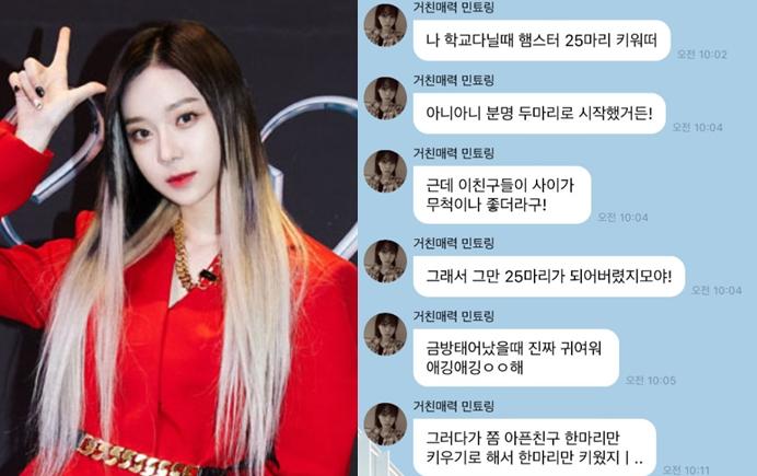 ガールズグループaespaのメンバー、ウィンターが赤い服を着ていて、ハムスターに関するメッセージが表示されたチャットのスクリーンショット。SMエンターテインメント提供の画像。