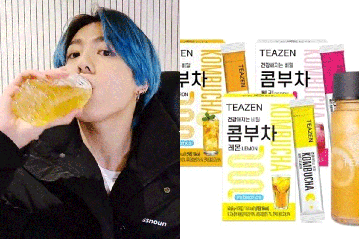 Jungkook drinking Teazen Kombucha