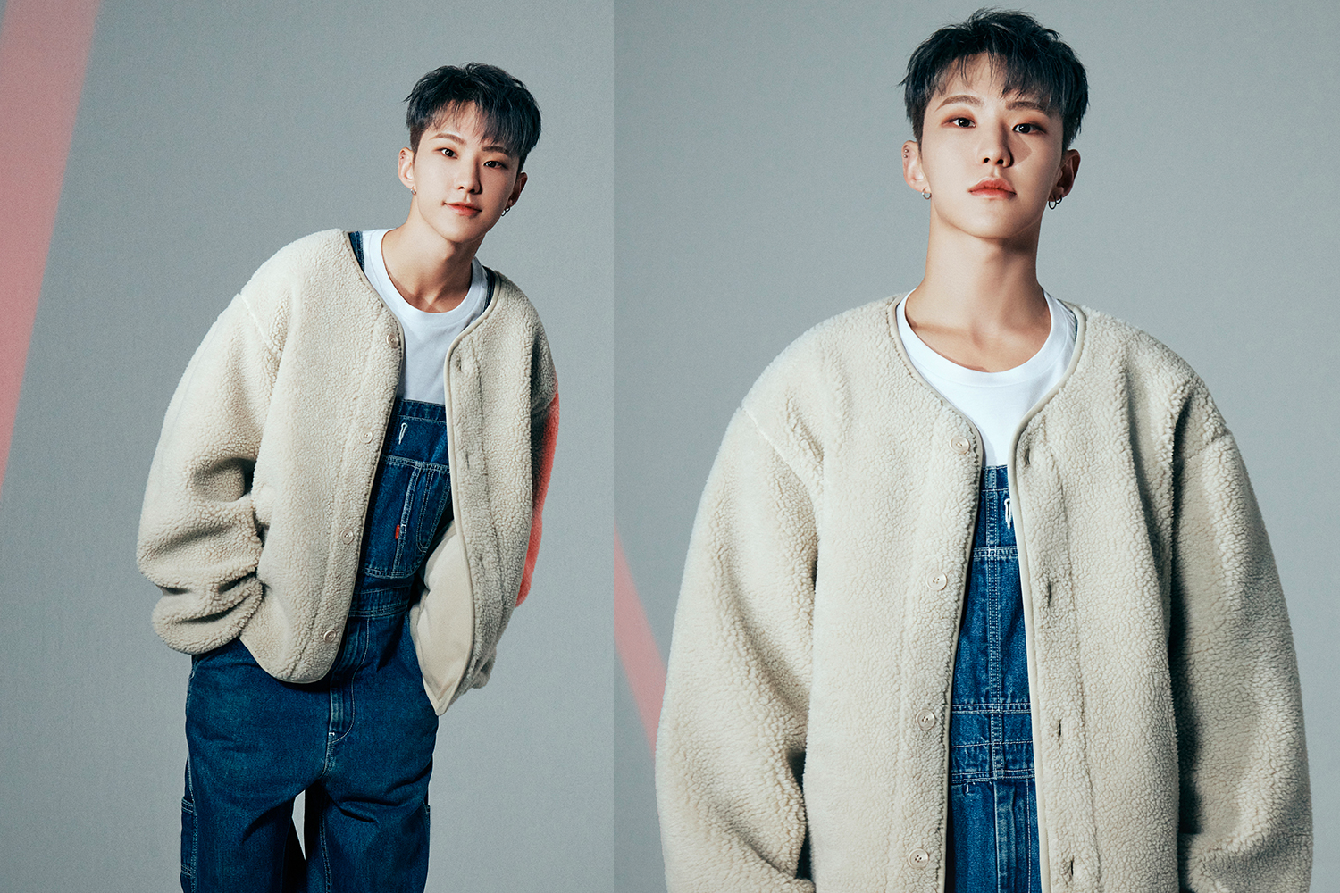 米色無領針織外套搭配牛仔褲，為韓國秋冬提供舒適保暖的時尚風潮。