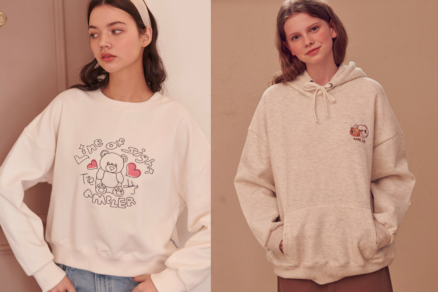 米色印花T恤與連帽T恤，搭配休閒下裝，是韓國秋冬流行服飾的代表。