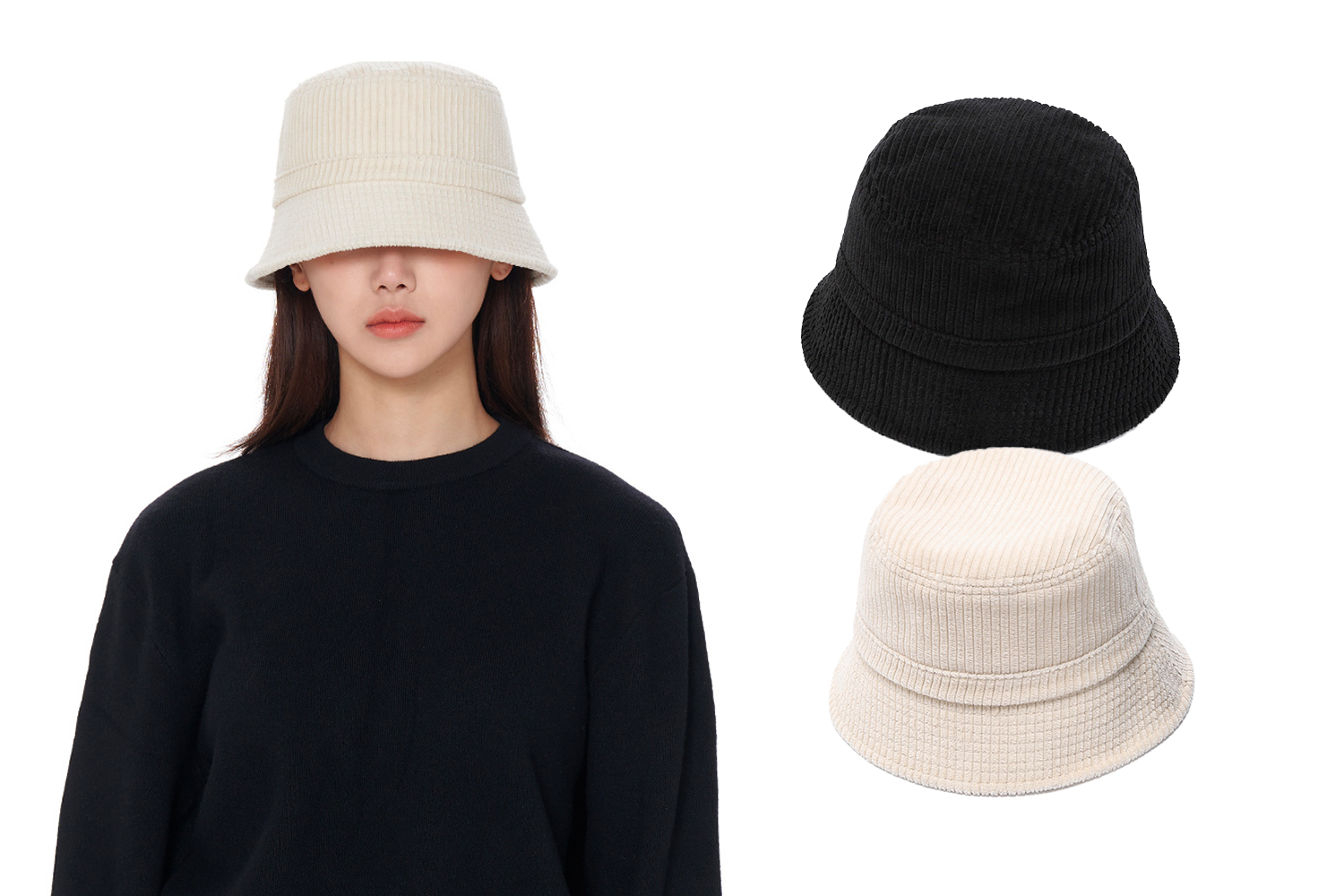 白色與黑色的漁夫帽展示，適合增添韓國流行風格的單品選擇。