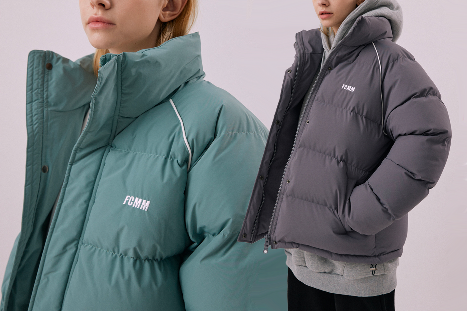 深灰色羽絨外套，搭配簡約風格，是韓國冬季穿搭的受歡迎款式。