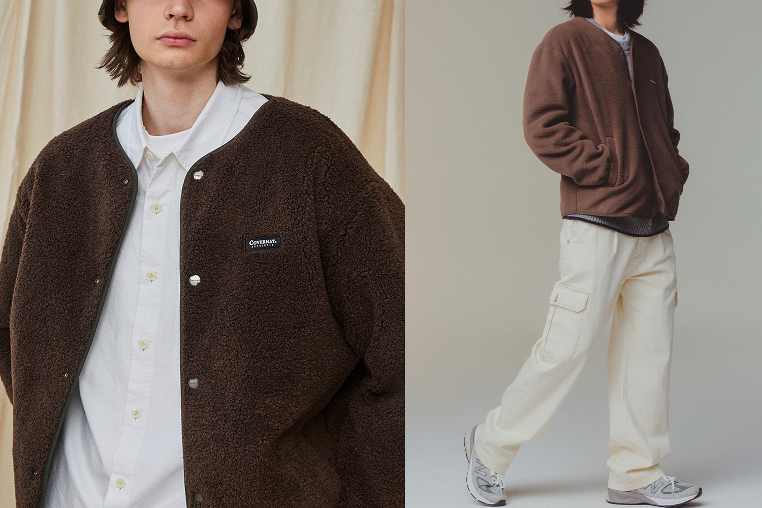 棕色羊羔毛外套搭配白襯衫及牛仔褲，適合秋冬的韓國街頭風格。