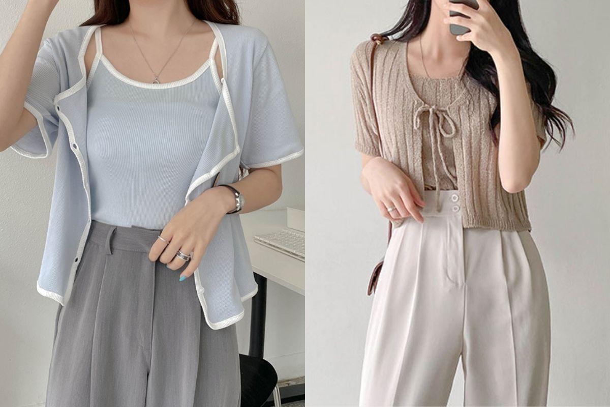 set áo dây và cardigan, xu hướng thời trang mùa thu Hàn Quốc 2021