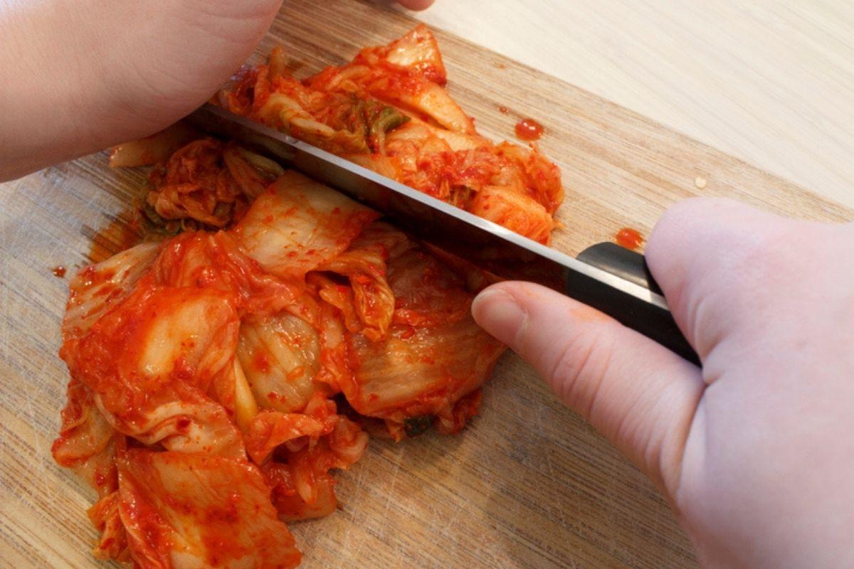 Chopping kimchi
