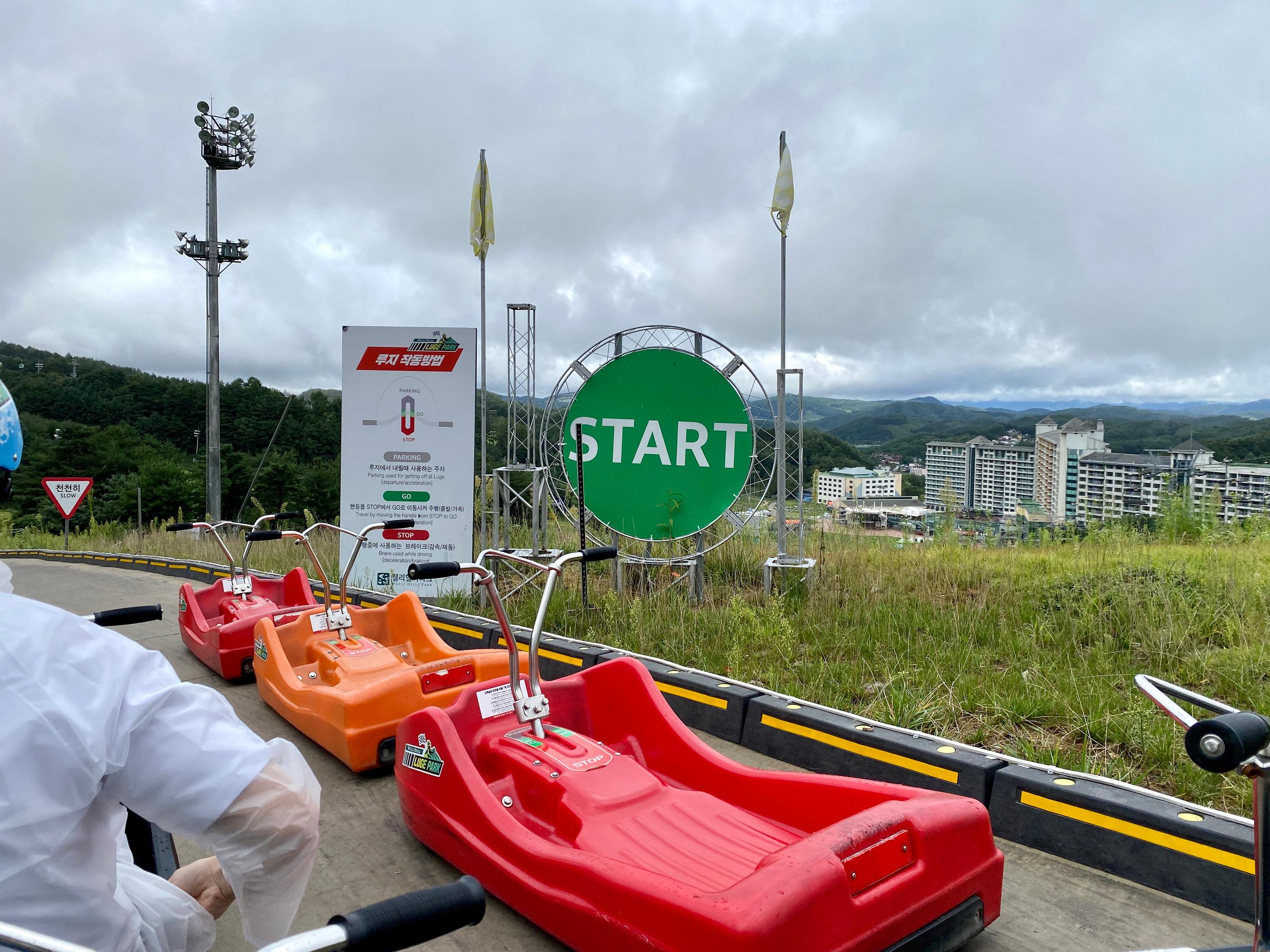 Luge rides at the start line at Welli Hilli Park