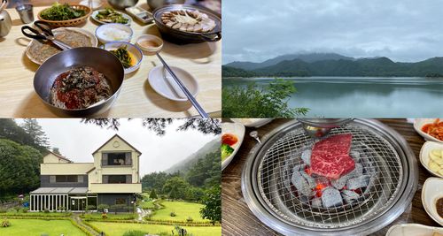 four pictures showing food in hoengseong, hoengseong lake, a cafe in a yellow house and korean beef (hanwoo) being grilled