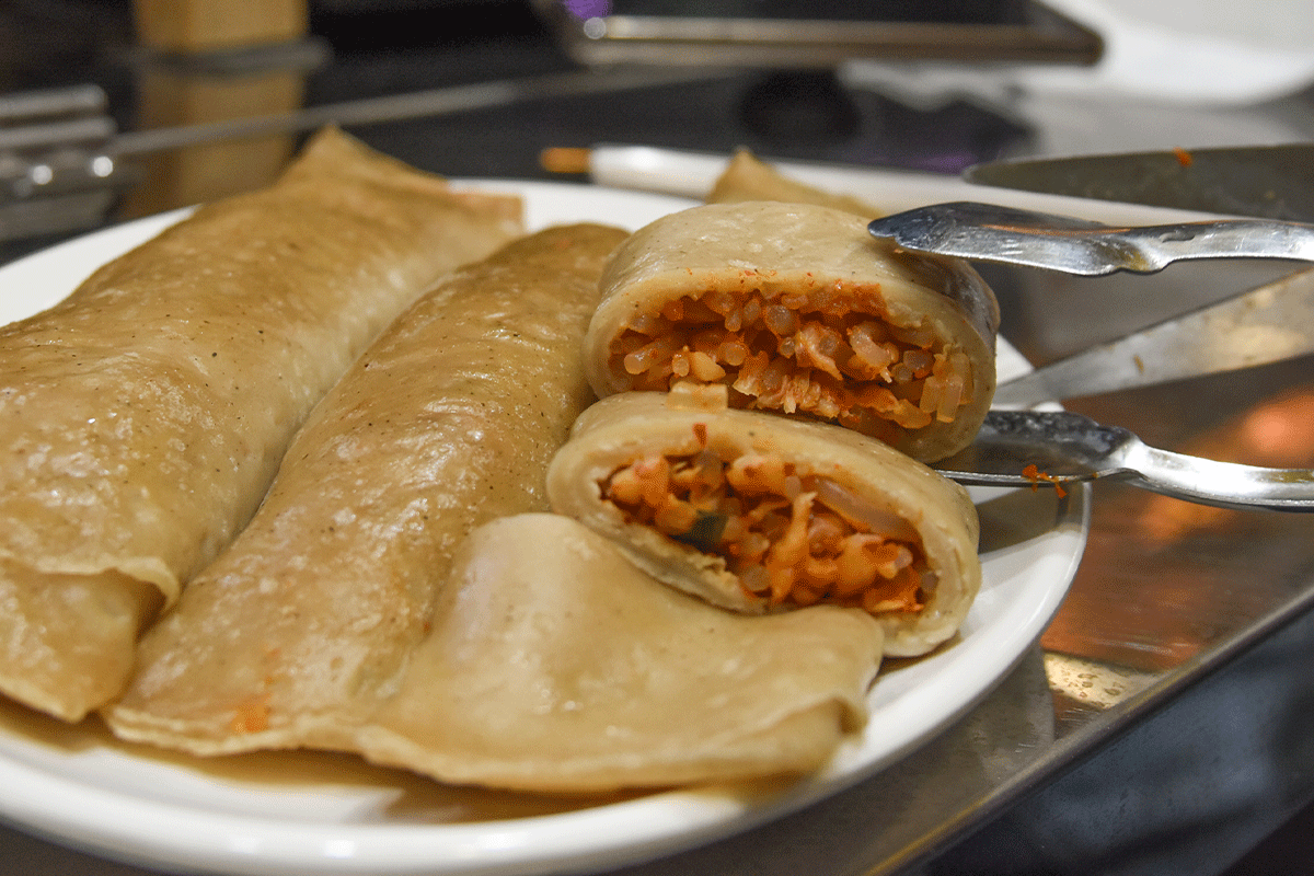 kimchi and noodle buckwheat pancakes