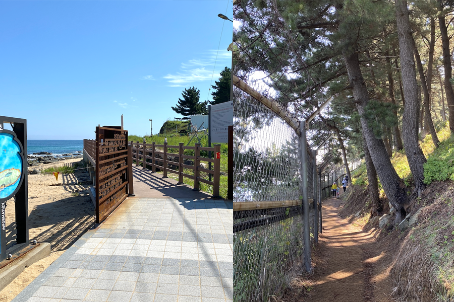 束草外甕峙沿岸散步道的入口，穿過軍事基地即可看到《男朋友》著名場景