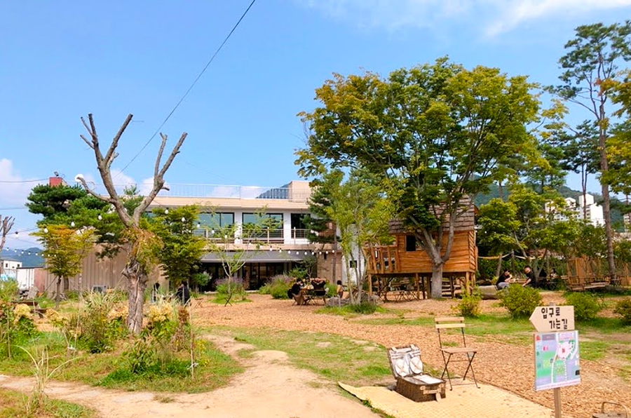 馬鈴薯田咖啡廳的庭院，展示了樹屋和戶外休息區，綠樹環繞的場地。