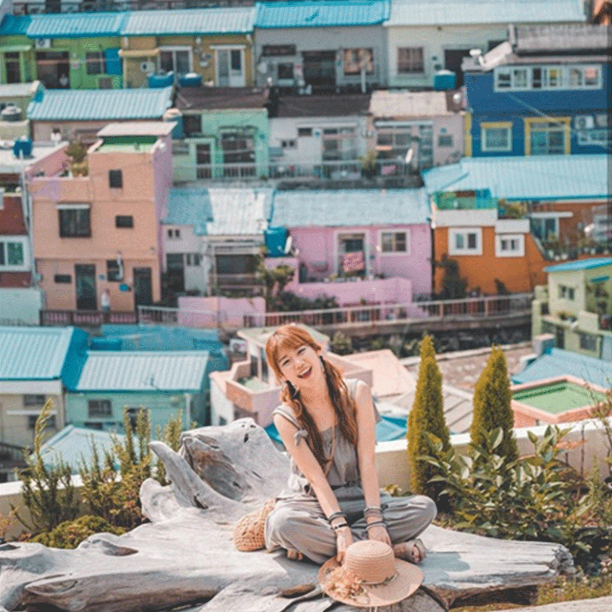 travel korea rainbow colorful photo spot, busan gamcheon culture village