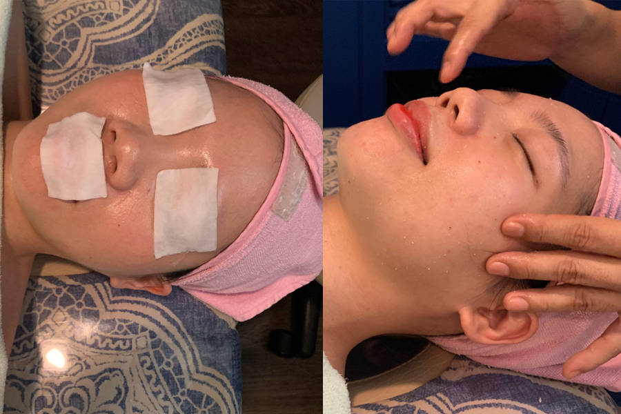 韓國首爾明洞Blue Arirang面膜療程展示中，顧客正在接受臉部護理