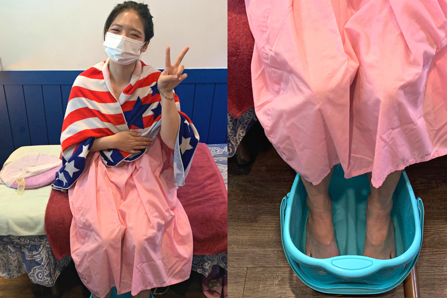 顧客在韓國首爾明洞Blue Arirang享受足浴準備按摩的場景