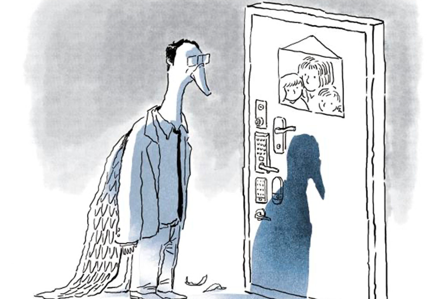 这幅插图展示了一位穿西装的人，有着大雁的身体，站在一扇门前，象征着大雁爸爸的形象，背景暗示家庭和孩子有距离感。