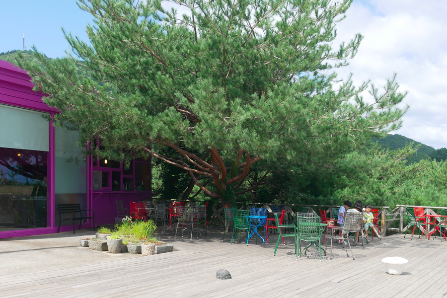 被綠色植物圍繞的戶外座位區，位於哈斯拉藝術村的一角。