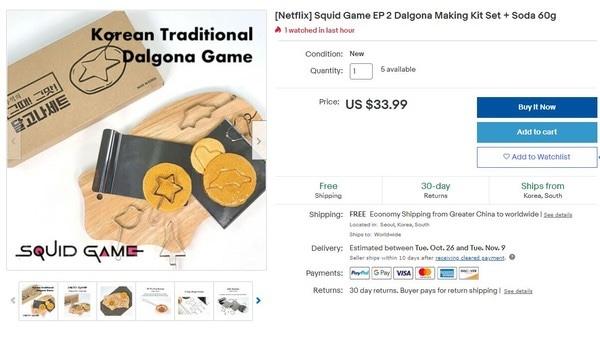 Netflixドラマ『イカゲーム』第2話のタルゴナゲームキットが33.99ドルで販売されているeBayのリスト画像。