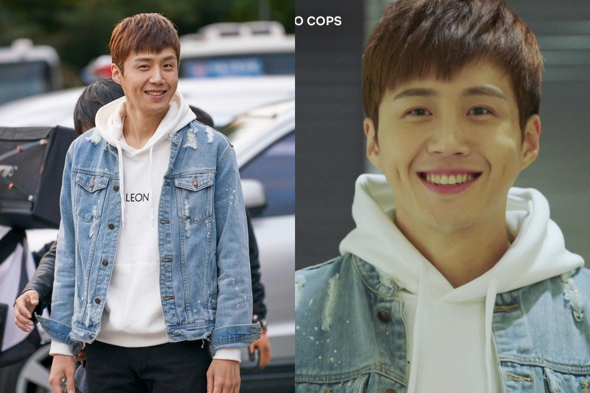 Ким Сон Хо в драме 'Два копа', персонаж в белом худи и джинсовой куртке на фоне городской улицы, 2017 год